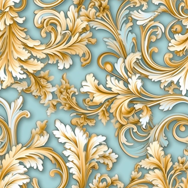 A close up of a gold and blue wallpaper with a pattern generative ai