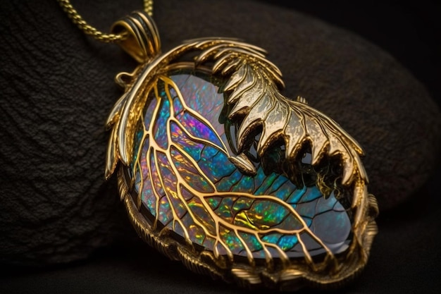 Close up of gold colored pendant linked with leafy leaf generative ai