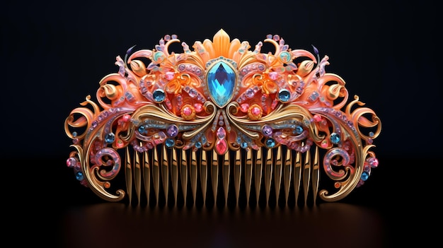 a close up of a gold comb with a colorful design on it generative ai