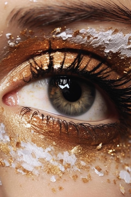 A close up of a gold eye with glitter on it