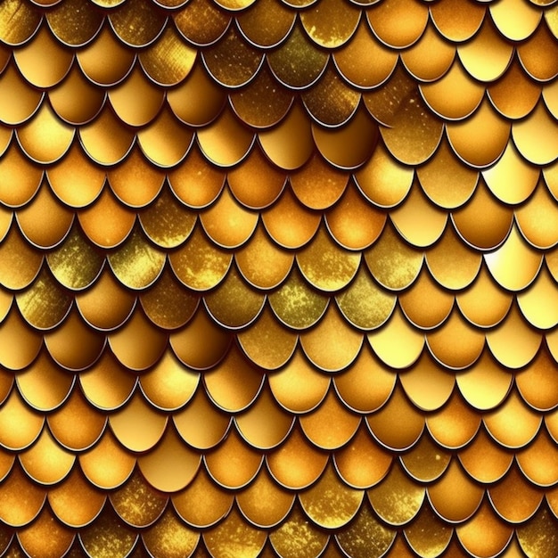 A close up of a gold fish scale pattern with a black background generative ai