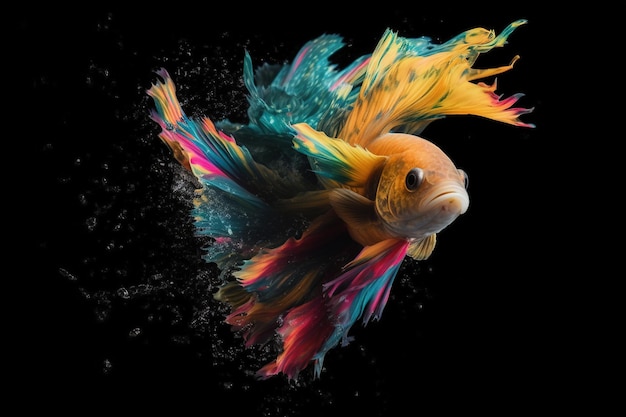 Close up gold fish with lush colorful vivid tail and water drops on a black background