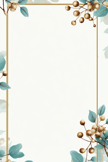 a close up of a gold frame with blue leaves and berries generative ai