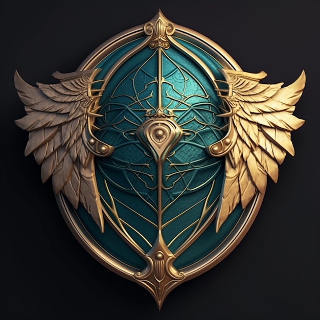 A close up of a gold and green shield with wings generative ai