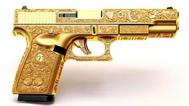 крупный план золотого пистолета с белым фоном