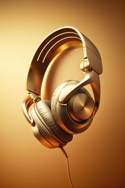 Close up of gold headphones with wire on yellow background created using generative ai technology