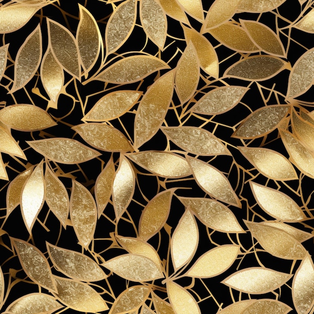 A close up of a gold leaf pattern on a black background generative ai