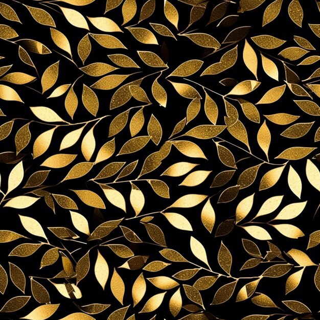 A close up of a gold leaf pattern on a black background generative ai