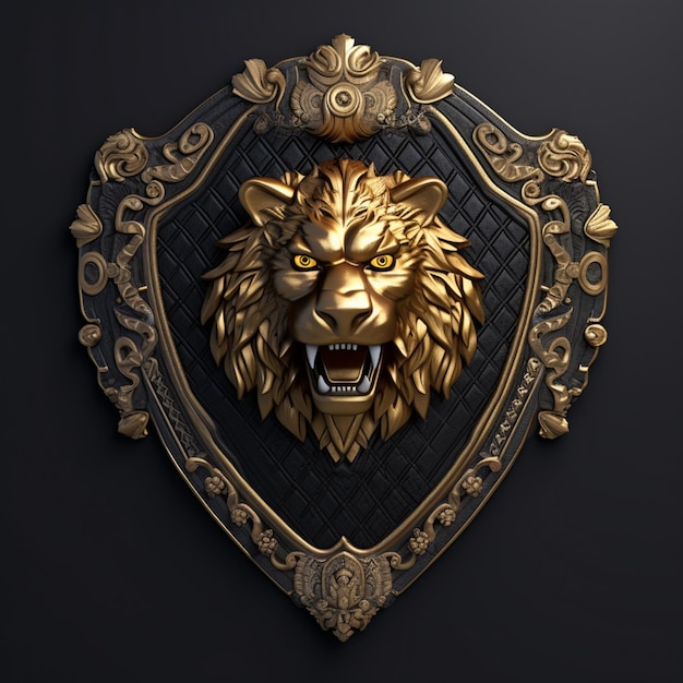 A close up of a gold lion head on a black background generative ai