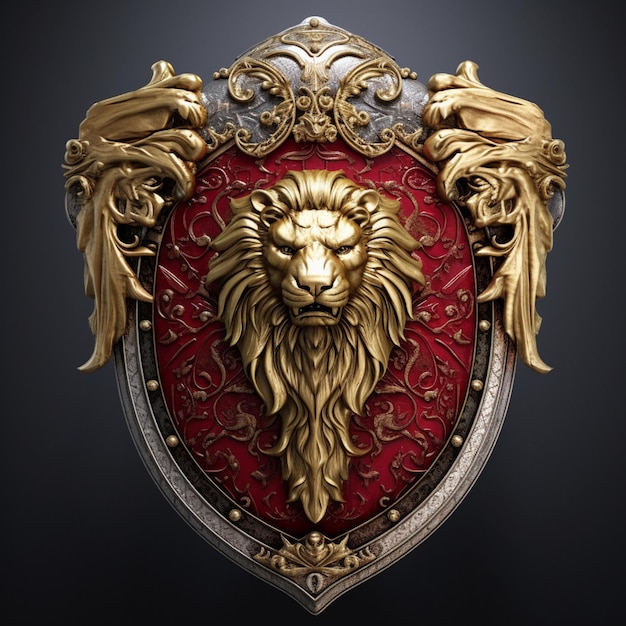 A close up of a gold lion head on a red shield generative ai