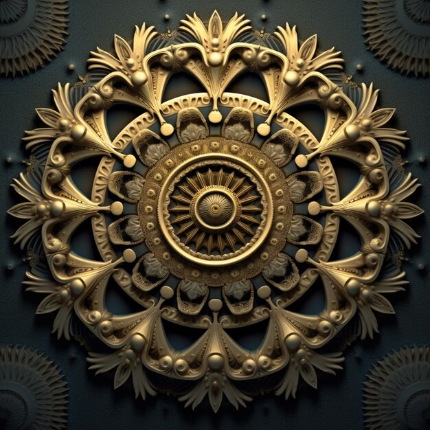 a close up of a gold medallion on a blue wall generative ai