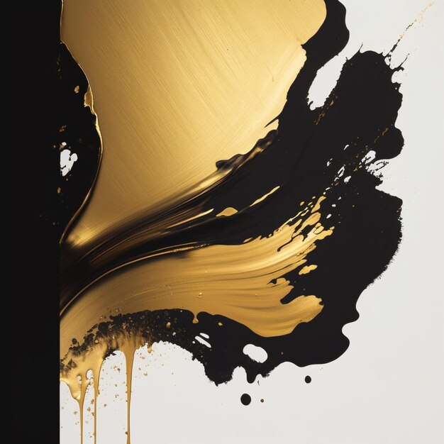 A close up of a gold paint splattered on a white surface generative ai