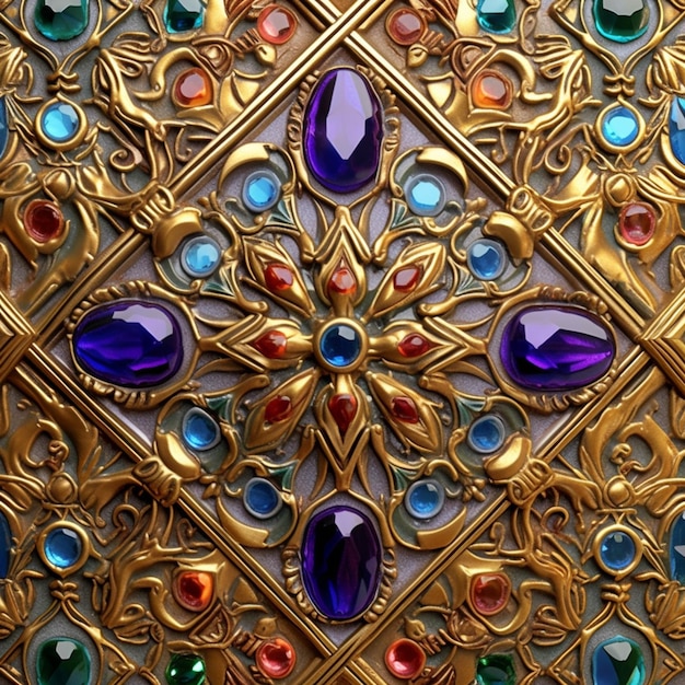 A close up of a gold plate with many colored stones generative ai