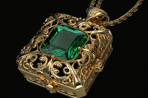 Close up of gold plated necklace with green emerald glass pendant generative ai