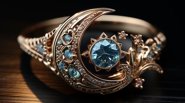a close up of a gold ring with a blue stone generative ai