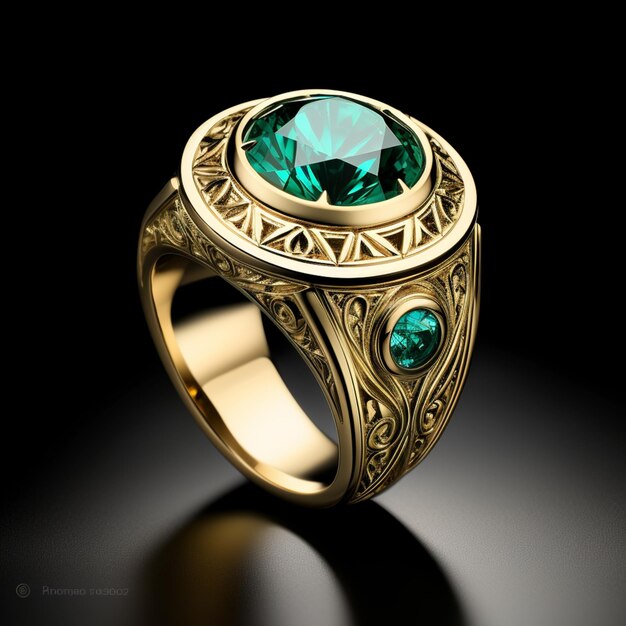 a close up of a gold ring with a green stone generative ai