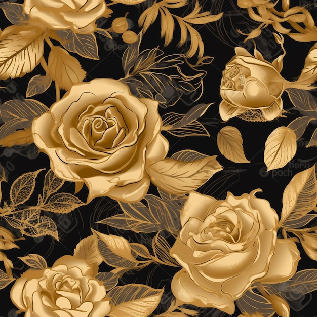 A close up of a gold rose on a black background generative ai
