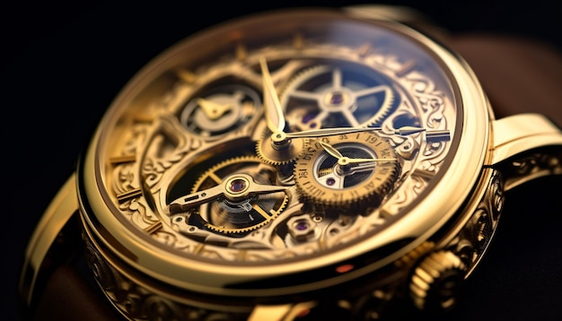 A close up of a gold watch with a black background generative ai