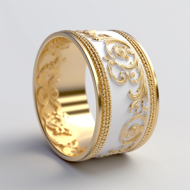 a close up of a gold and white wedding ring with a design generative ai