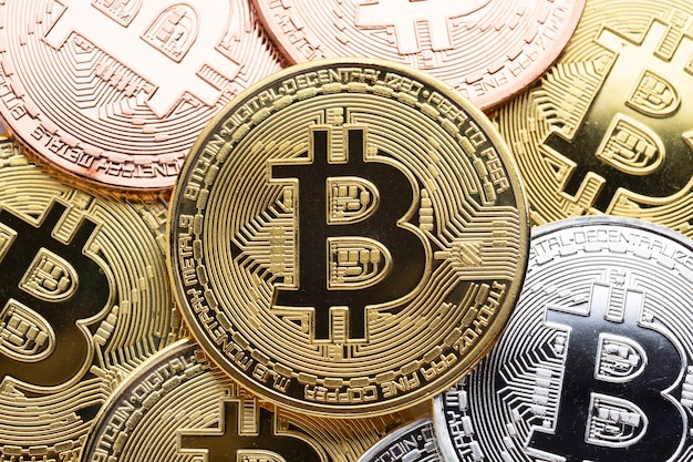 Close-up of golden bitcoin