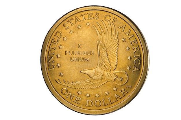 Close-up of golden coin against white background
