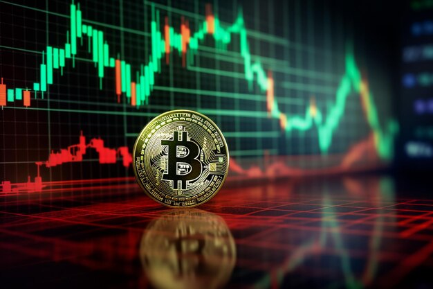 背景の株価チャートの上にビットコインのシンボルが付いた金貨を接写します。 ビットコインは、