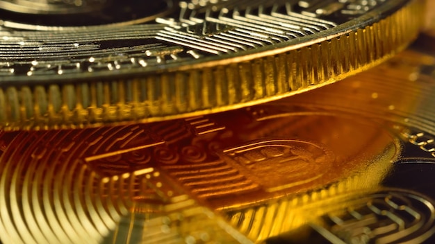 Close up of golden cryptocurrency bitcoin coins