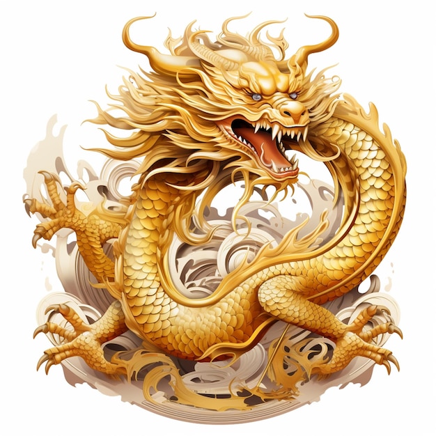 A close up of a golden dragon with a white background generative ai