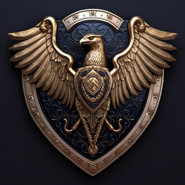 A close up of a golden eagle on a shield with a black background generative ai