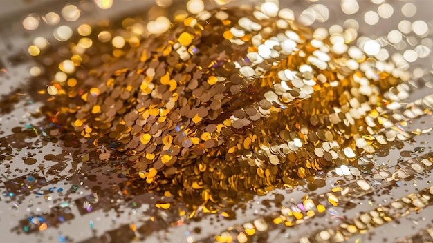 Close up of golden glitter with copy space