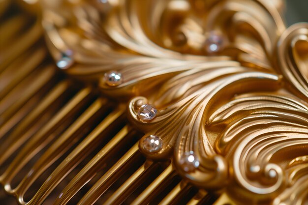 Photo close up of golden hair comb with diamonds shallow depth of field