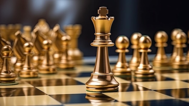 Close up golden king on chessboard with pawns in background