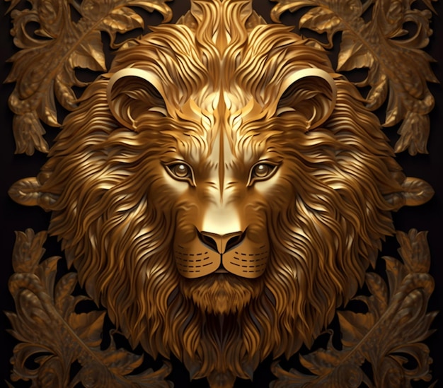 a close up of a golden lion head on a black background generative ai