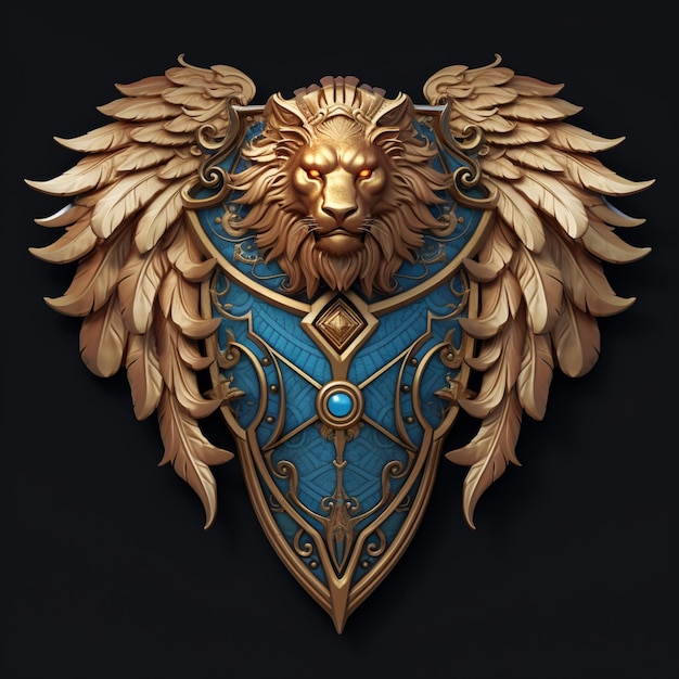 A close up of a golden lion head with wings on a blue shield generative ai