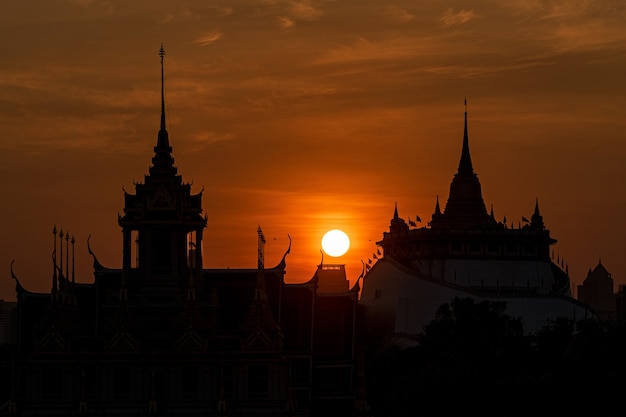 Close up golden mountain in bangkok with sunset