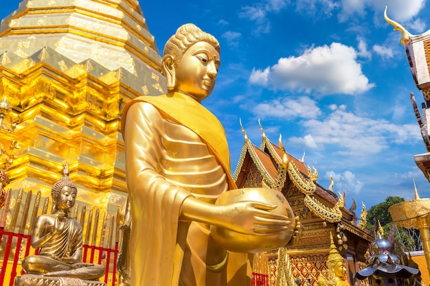 Primo piano sulla pagoda dorata con la statua del buddha