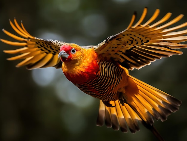 close up of a Golden pheasant flying