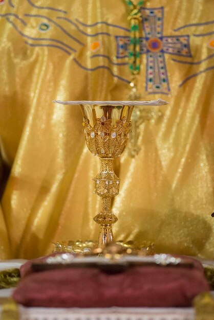 Close-up of golden religious equipment