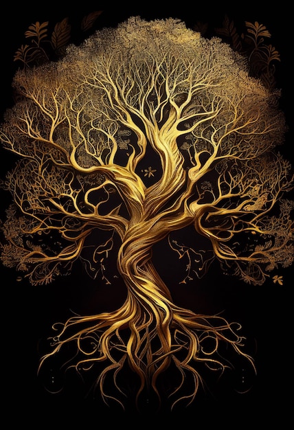 A close up of a golden tree with a black background generative ai