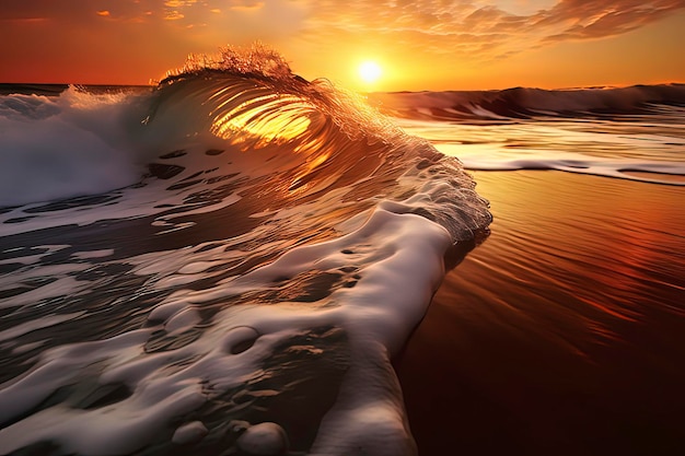 Photo close up of golden waves and beaches at sunset ai technology generated image