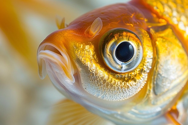 Close up of a goldfishs expressive eyes reflecting the light