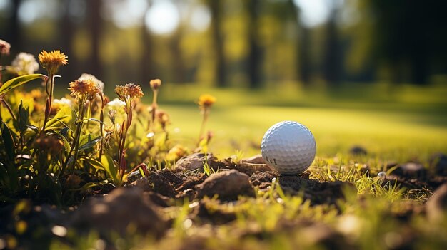 Close up golf ball in grass field shallow depth of field