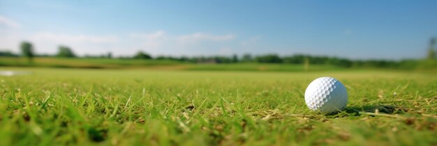 Close up of golf ball on green short grass againts the blue sky in the sunny day