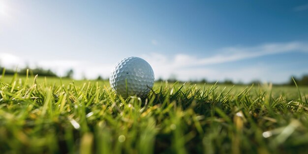 Close up of golf ball on green short grass againts the blue sky in the sunny day