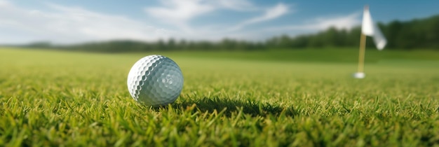 晴れた日の青空を背景に緑の短い草の上にゴルフ ボールのクローズ アップ
