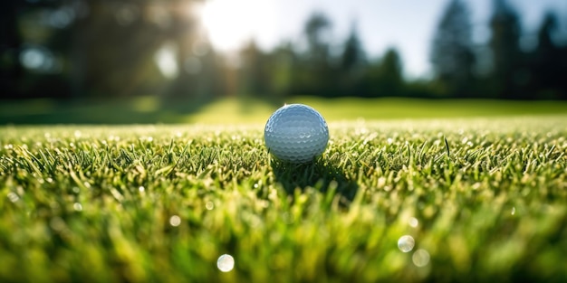 Close up of golf ball on green short grass againts the blue sky in the sunny day