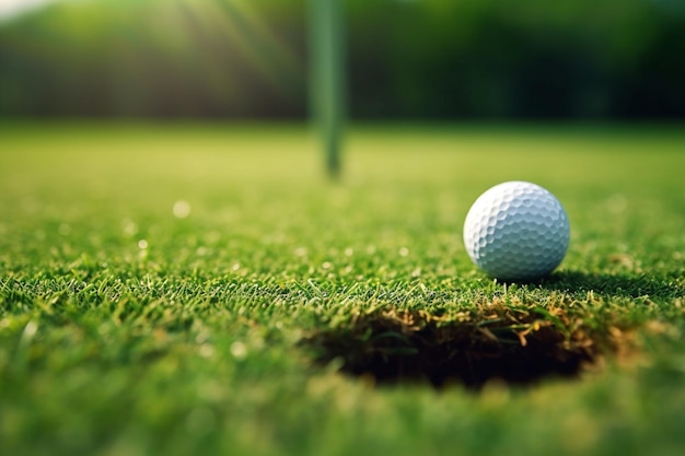 a close up of a golf ball sitting on the ground near a hole generative ai