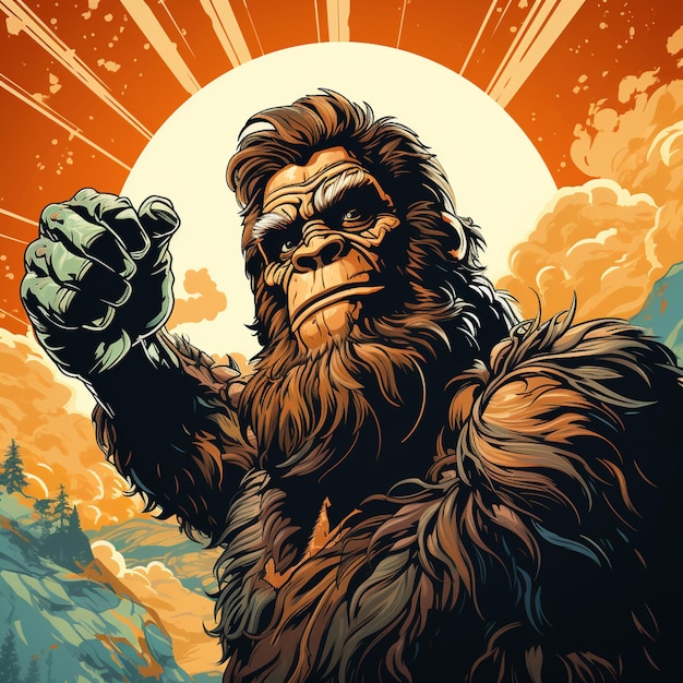 A close up of a gorilla holding a fist in front of a sun generative ai