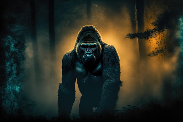 A close-up of a gorilla isolated in a dark glowing forest background digital design art