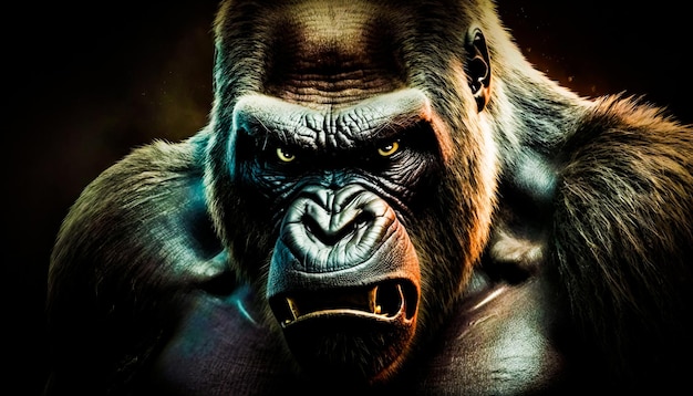 Photo close up of gorilla's face on dark background generative ai